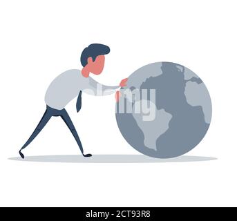 Vue latérale d'un jeune homme d'affaires qui roule sur la Terre isolé sur fond blanc. Communication internationale. Entreprise internationale. Illustration de Vecteur