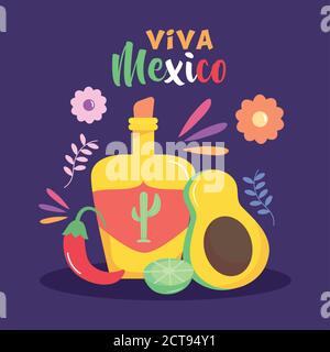 Mexico indépendance Day design avec bouteille de tequila, avocat et fleurs décoratives autour de fond violet, design coloré, illustration vectorielle Illustration de Vecteur