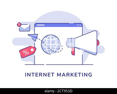 Internet marketing concept papier avion de vol de globe mégaphone sur afficher l'écran de l'ordinateur avec un contour plat Illustration de Vecteur