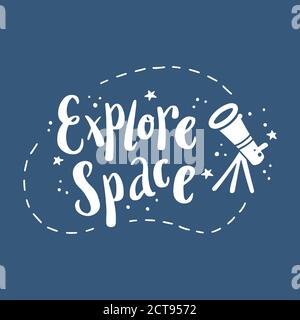 Espace de lettrage mignon dessiné à la main et citation galaxie avec des éléments en étoile. Espacer le texte par style de doodle. Texte pour illustration vectorielle pour affiche pour enfants, imprimé pour enfants. Illustration de Vecteur