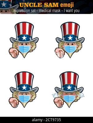 Illustrations vectorielles ensemble de caricatures Oncle Sam Emoji pointant Je veux vous, portant un masque chirurgical. Quatre expressions, plaine, heureux, non amusé, en colère - furi Illustration de Vecteur