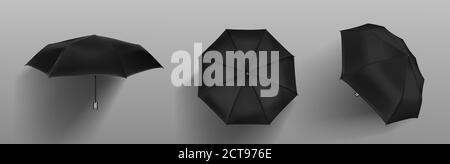 Vue avant, latérale et supérieure du parasol automatique noir. Vector maquette réaliste de parasol vierge avec manche en métal, accessoire de protection contre la pluie au printemps, en automne ou en saison de mousson Illustration de Vecteur