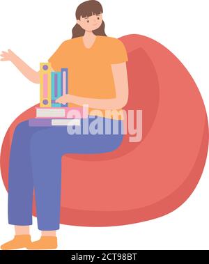 jeune femme avec livre assis sur chaise de haricot conception isolée illustration vectorielle sur fond blanc Illustration de Vecteur