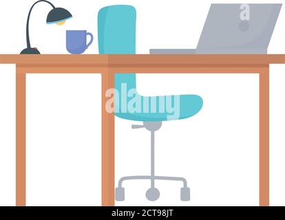 espace de travail chaise lampe pour ordinateur portable et tasse à café isolée illustration vectorielle sur fond blanc Illustration de Vecteur