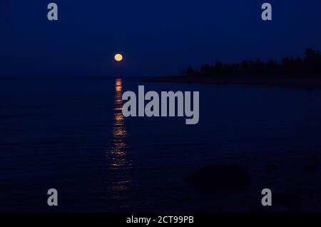 Pleine lune sur la mer le long de la mer Baltique. Ciel bleu et lune montante. Banque D'Images