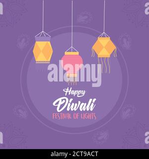 happy diwali, fond violet suspendu lanternes festival lumières, vecteur design illustration vectorielle Illustration de Vecteur