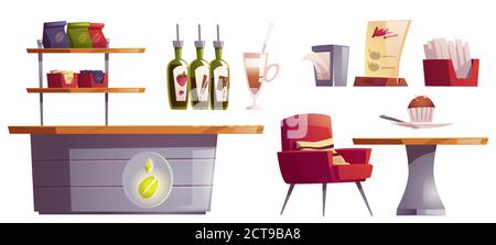 Café maison ou café décor intérieur. Bureau avec emblème de haricot, table avec fauteuil, étagère avec forfait, tasse, garniture en bouteilles bar mobilier de cafétéria, cour de restaurant. Illustration vectorielle de dessin animé Illustration de Vecteur