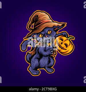 Chat Halloween effrayant Pumpkins sorcière Zombie illustrations pour la marchandise et vêtements autocollants pour vêtements Banque D'Images