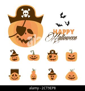 citrouille pirate et paquet de citrouilles d'halloween plates icônes illustration vectorielle Illustration de Vecteur