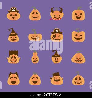 ensemble de citrouilles d'halloween en fond violet de style plat icônes illustration vectorielle Illustration de Vecteur