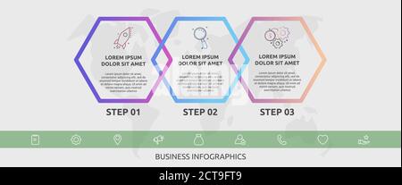 Modèle de ligne graphique vectoriel hexagons pour trois icônes, diagramme, graphique, présentation. Concept d'entreprise en 3 étapes. Pour le contenu, la chronologie Illustration de Vecteur