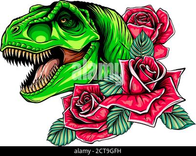 motif dinosaure et roses. motif vectoriel. Dessin d'art conceptuel. Illustration de Vecteur