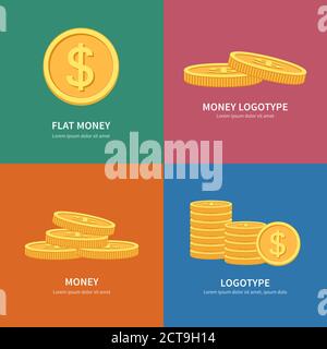 Définissez un tas de logos de pièces de monnaie à vecteur plat avec un arrière-plan coloré et un espace pour le texte. Pile de pièces d'or. Concept d'entreprise Illustration de Vecteur