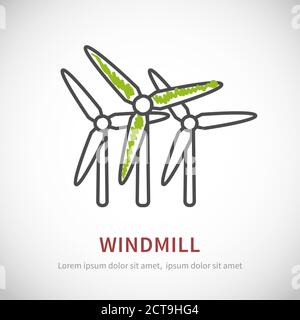 Moulins à vent recevant logo énergie éolienne, vecteur. Concept de moulin à vent pour la conception écologique. Logo des éoliennes. Illustration de Vecteur