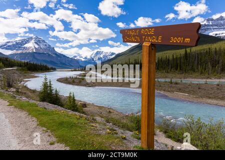 Le Canada, l'Alberta, Parc National de Jasper, Banff National Park, promenade des Glaciers, signe en Rivière Athabasca Banque D'Images