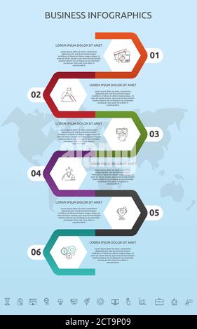 Modèle d'infographie vectoriel hexagons pour six icônes, diagramme, graphique, présentation. Concept d'entreprise en 6 étapes. Pour le contenu, l'organigramme, la chronologie Illustration de Vecteur