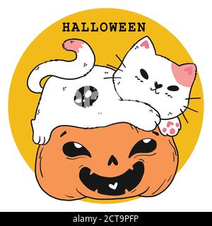 Couper le fichier mignon blanc graisse chat jouer sur le sourire aveux orange citrouille Halloween , idée pour autocollant, cirque, sublimation, imprimable, carte de voeux Illustration de Vecteur