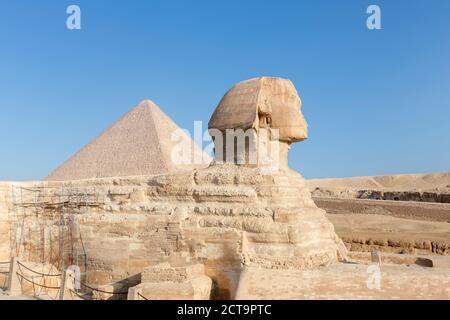 Le grand Sphinx avec la pyramide de Cheops en arrière-plan, Giza, le Caire, l'Egypte Banque D'Images