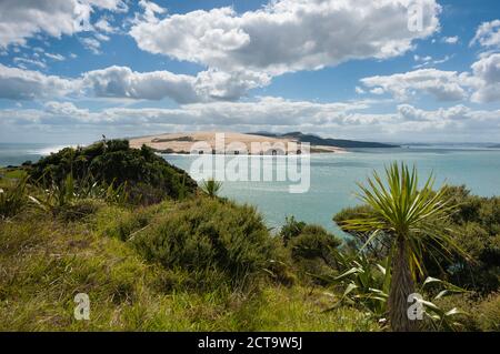 Nouvelle-Zélande, Île du Nord, Northland, Far North District, Hokianga Harbour Entrance with Tasman Sea, North Head et dune de sable géante Banque D'Images