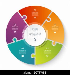 Cercle d'infographie de puzzle avec 5 étapes, options, pièces. Tableau de cycle en cinq parties. Peut être utilisé pour le diagramme, le graphique, le rapport, la présentation, la conception Web. Illustration de Vecteur