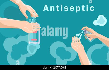 Texte antiseptique sur fond bleu avec espace de copie. Désinfection des mains pour bannière sociale, affiche médicale, avertissement de réseau social. Logo de la pharmacie ou moi Illustration de Vecteur