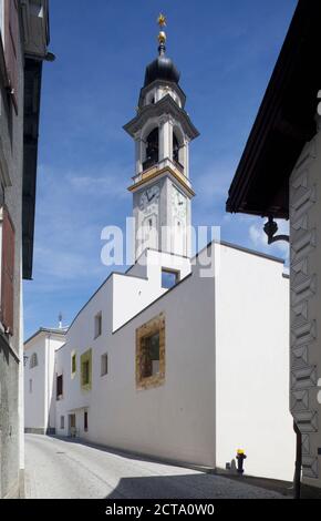 La Suisse, Grisons, Samedan, clocher d'église prostestant Banque D'Images