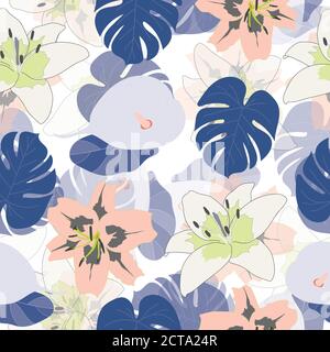 Superbes lys et feuilles tropicales sans couture Illustration de Vecteur