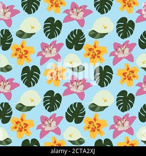 Superbes lys et feuilles tropicales sans couture Illustration de Vecteur