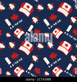 Drapeau canadien au cap sur fond bleu. Motif feuilles d'érable sans couture pour papier peint, papier d'emballage, couchette, carrelage de bain, vêtement ou linge de lit. Étui de téléphone ou Illustration de Vecteur