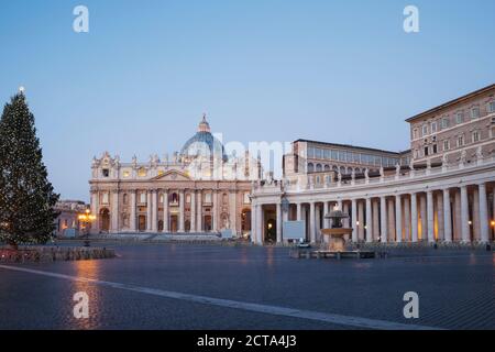 L'Italie, Vatican, Rome, Piazza San Pietro, la Basilique St Pierre et l'arbre de Noël le matin Banque D'Images