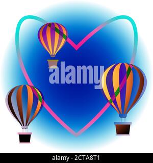 Ballons d'air chaud colorés flottant dans le ciel. Fond ciel lumineux. Contour cardiaque connecte les ballons. Symbole liberté, voyage, mobilité. Imprimez pour le design Illustration de Vecteur