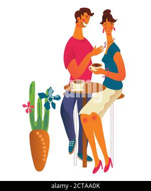 Mignon couple romantique au café ou café boire café plat dessin animé illustration vectorielle isolée. Illustration de Vecteur