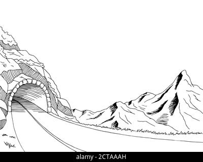 Mountain Road tunnel graphique art noir blanc paysage dessin illustration vecteur Illustration de Vecteur