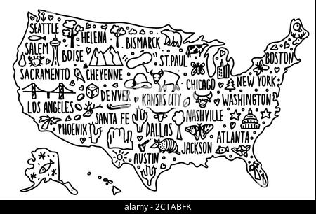 doodle dessin main dessin animé USA carte. Carte fiable et détaillée avec des villes, capitales d'état et villes célèbres. Symboles de chaque état, associations connues Illustration de Vecteur