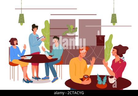 Personnages de dessin animé de personnes assis à des tables dans un café ou une maison de café, illustration vectorielle plate. Illustration de Vecteur