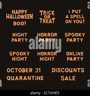 Ensemble de citations de fête d'halloween. Lettrage orange avec lignes blanches sur fond sombre. Illustration du stock vectoriel. Illustration de Vecteur