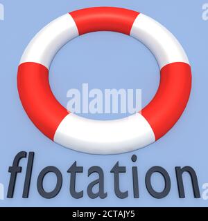 Illustration 3D du titre de flottaison dans une ceinture de sauvetage, isolée sur fond bleu pâle. Banque D'Images