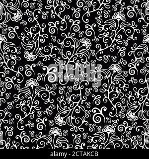 Motif fleuri abstrait tourbillon sans couture, décoration noire et blanche avec boucles, pétales et boutons de fleurs. Pour la conception de tissu, le papier peint, l'emballage, la surface Illustration de Vecteur