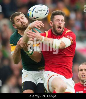 ALEX CUTHBERT DÉFIS POUR UNE BALLE AÉRIENNE AVEC WILLIE LE ROUX pays de Galles / South Africa Quarter final RWC 2015 IMAGE : MARK PAIN / ALAMY Banque D'Images