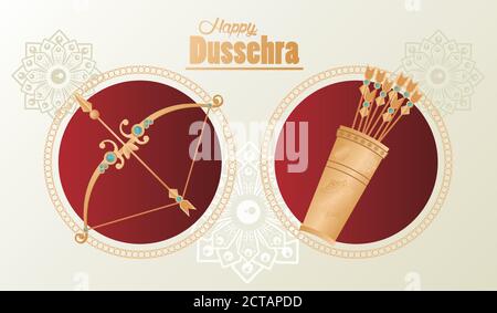 carte de célébration happy dussehra avec sac de voûte plantaire et de flèches illustration vectorielle Illustration de Vecteur