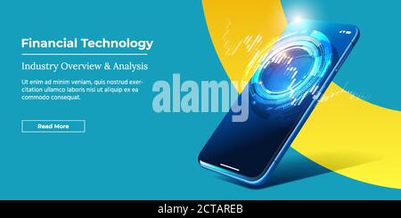 Technologie financière - concept Fintech. Smartphone Vector Realistic avec stock Market App Système de contrôle futuriste Fintech Global Trading Banner, site ou maquette d'atterrissage. Illustration de Vecteur