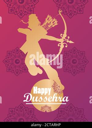 carte de célébration happy dussehra avec rama et lettrage de dieu doré illustration vectorielle Illustration de Vecteur