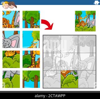 Dessin animé Illustration du jeu de puzzle éducatif Jigsaw pour les enfants avec Groupe de personnages animaux sauvages amusants Illustration de Vecteur