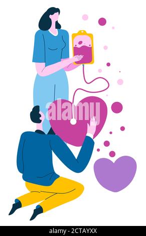 Transfusion sanguine ou don de sang, bénévolat pour les hôpitaux ou les cliniques Illustration de Vecteur