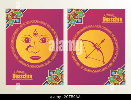 carte de célébration happy dussehra avec cadres de la déesse pour le visage et la voûte plantaire illustration vectorielle Illustration de Vecteur