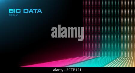 Flux Big Data avec DOF d'effet de profondeur de champ. Points Big Data rouges, verts et jaunes avec espace de copie. Perspective linéaire. Structure de code binaire Illustration de Vecteur