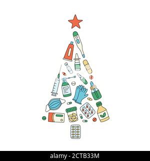 Arbre de Noël de médicaments, de médicaments, de pilules, de bouteilles et d'éléments médicaux de soins de santé. Noël de médecine Illustration de Vecteur