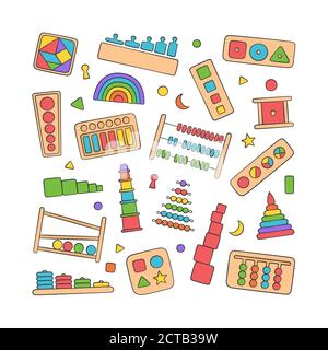 Jouets pour enfants dessinés à la main pour les jeux Montessori. Jouets logiques éducatifs pour les enfants d'âge préscolaire. Illustration de Vecteur