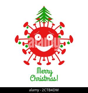 Joyeux Noël. Bactéries coronavirus de dessin animé rouge avec boules de noël vertes et sapin sur le dessus. Isolé sur un fond blanc. Brut vectoriel Illustration de Vecteur
