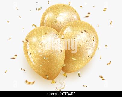 Ballons dorés festifs avec paillettes et paillettes, ruban et confettis. Mise en page pour anniversaire, noël, anniversaire, vente. Isolé sur un fond blanc Illustration de Vecteur
